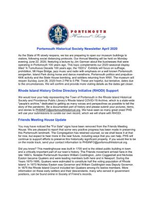 Portsmouth Historical Society Newsletter April 2020 Rhode Island History Online Directory Initiative (RHODI) Support Friends Me