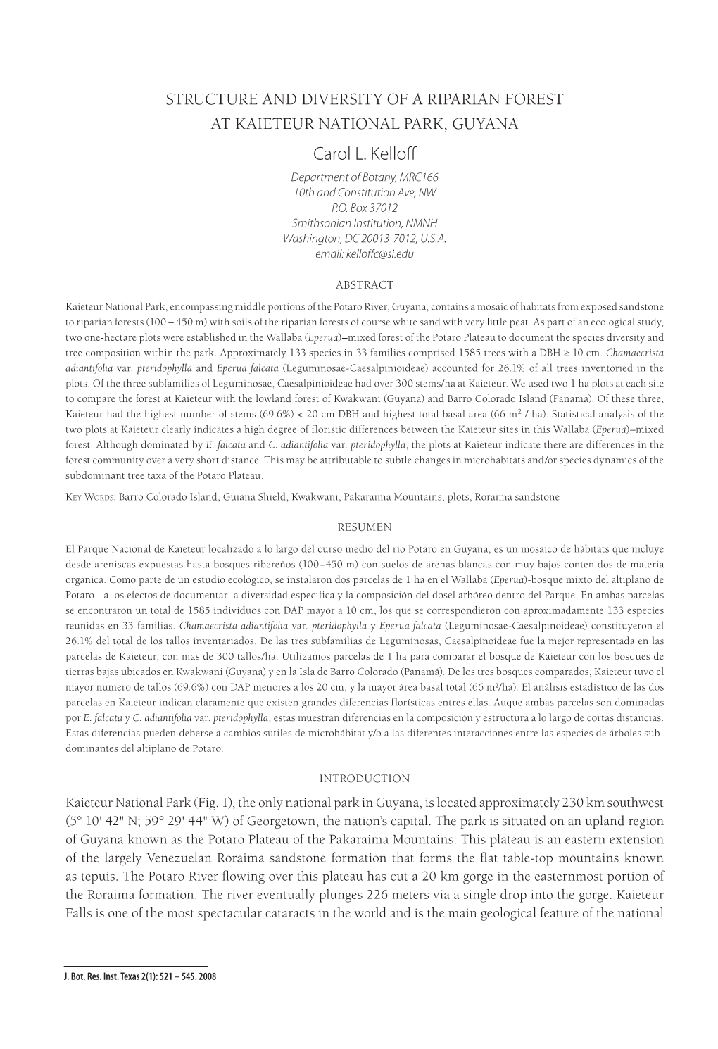 Structure and Diversity of a RIPARIAN Forest at Kaieteur National Park, Guyana Carol L