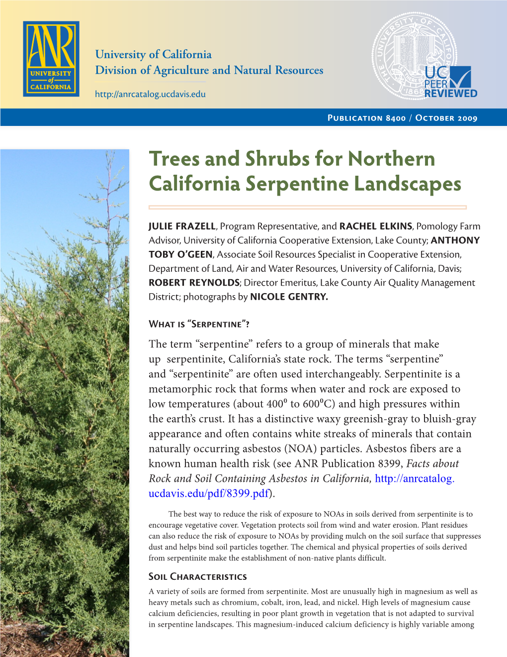 Trees and Shrubs for Northern California Serpentine Landscapes