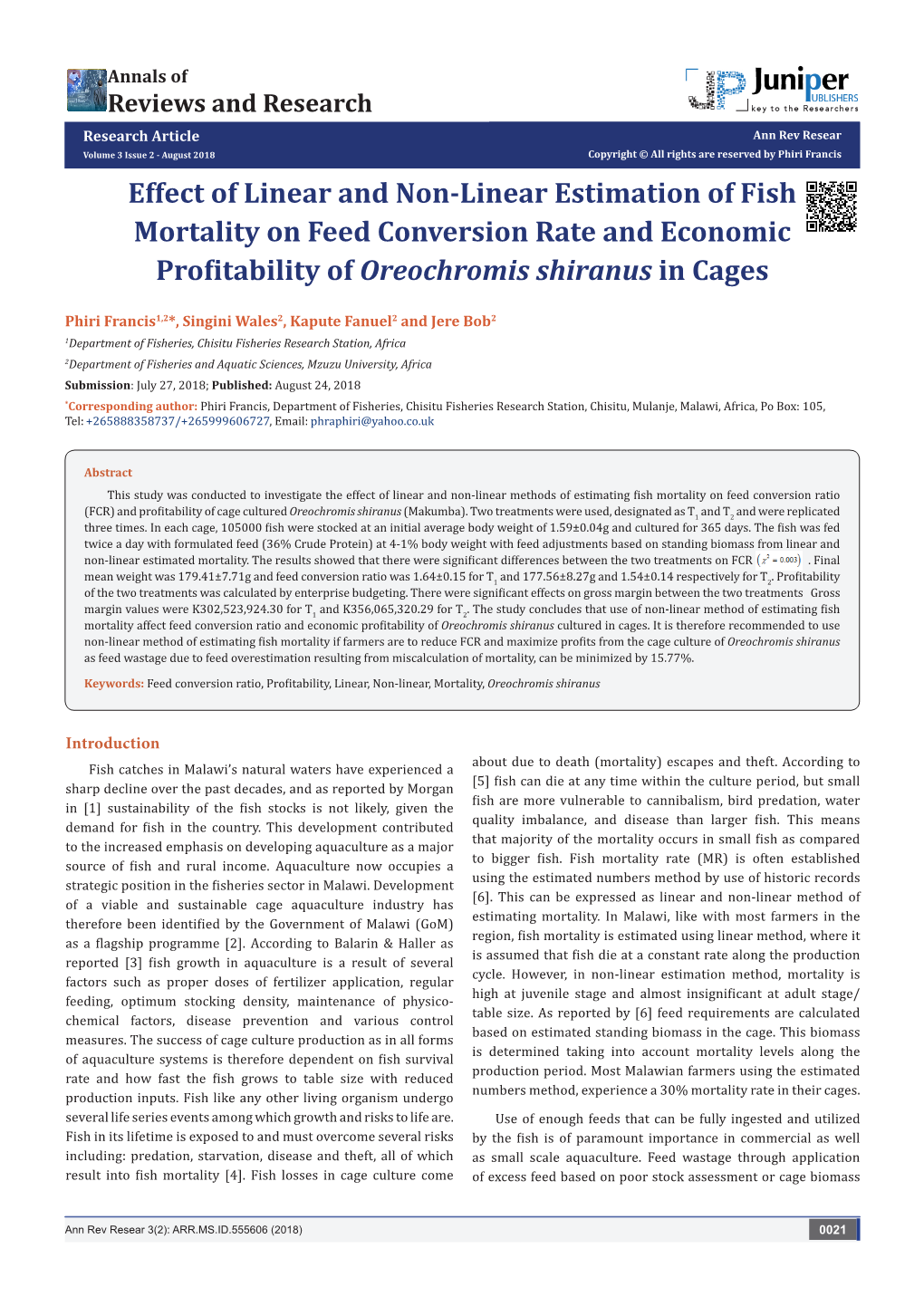Effect of Linear and Non-Linear Estimation of Fish Mortality on Feed Conversion Rate and Economic Profitability of Oreochromis Shiranus in Cages