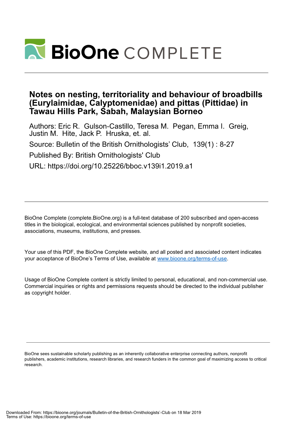 (Eurylaimidae, Calyptomenidae) and Pittas (Pittidae) in Tawau Hills Park, Sabah, Malaysian Borneo Authors: Eric R