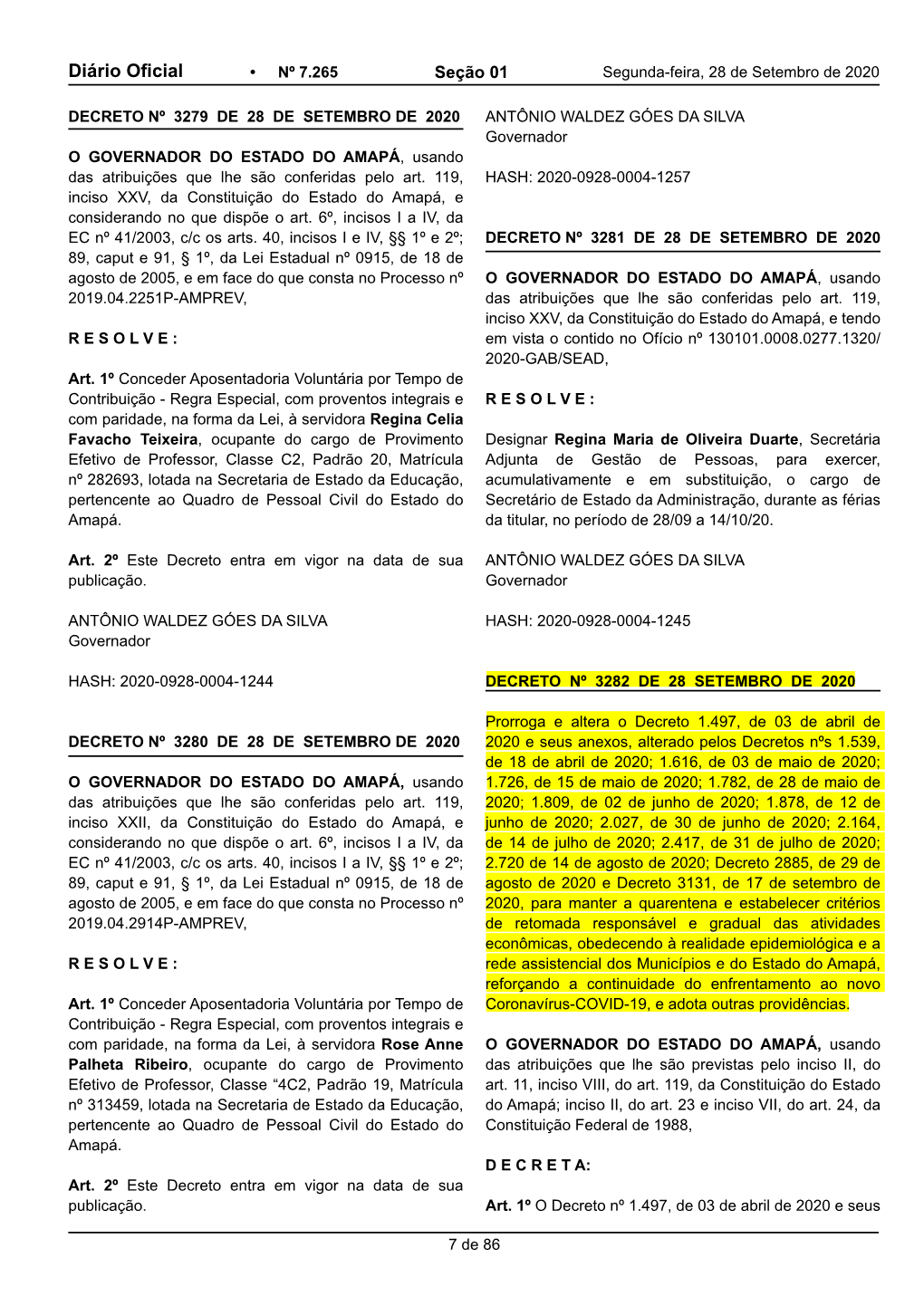 Diário Oficial • Nº 7.265 Seção 01 Segunda-Feira, 28 De Setembro De 2020