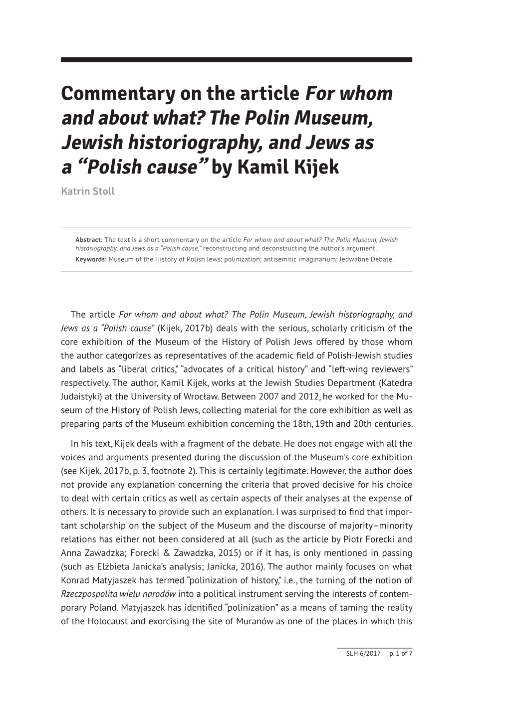 Commentary on the Article "For Whom and About What? the Polin