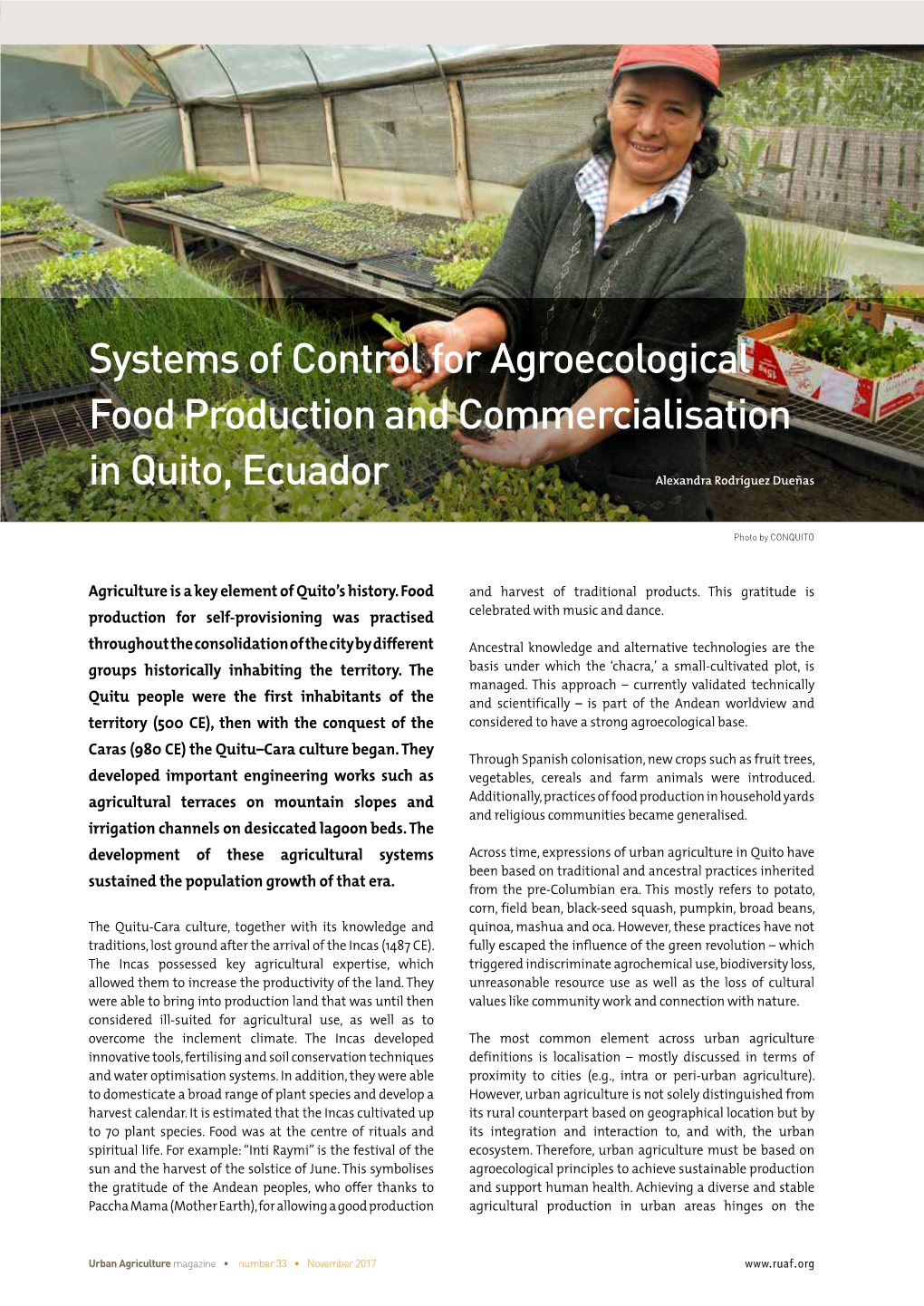 Systems of Control for Agroecological Food Production and Commercialisation in Quito, Ecuador Alexandra Rodríguez Dueñas