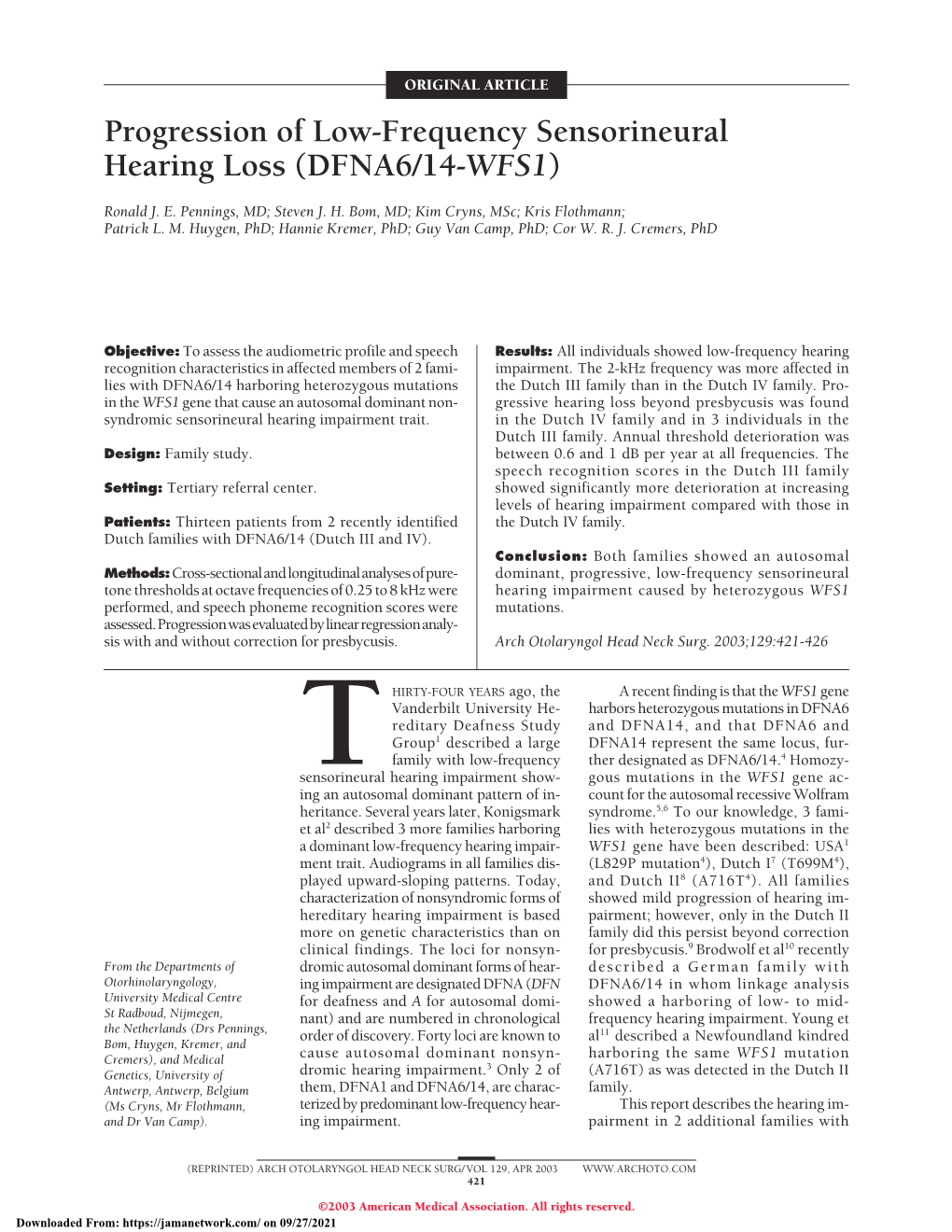 Progression of Low-Frequency Sensorineural Hearing Loss (DFNA6/14-WFS1)