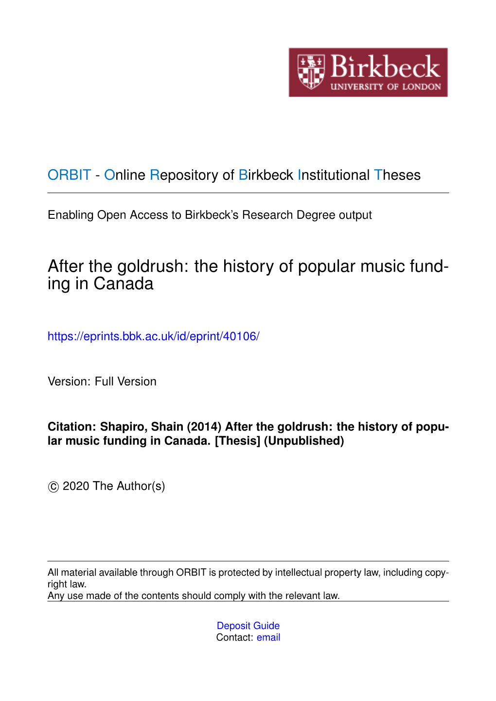 After the Goldrush: the History of Popular Music Fund- Ing in Canada