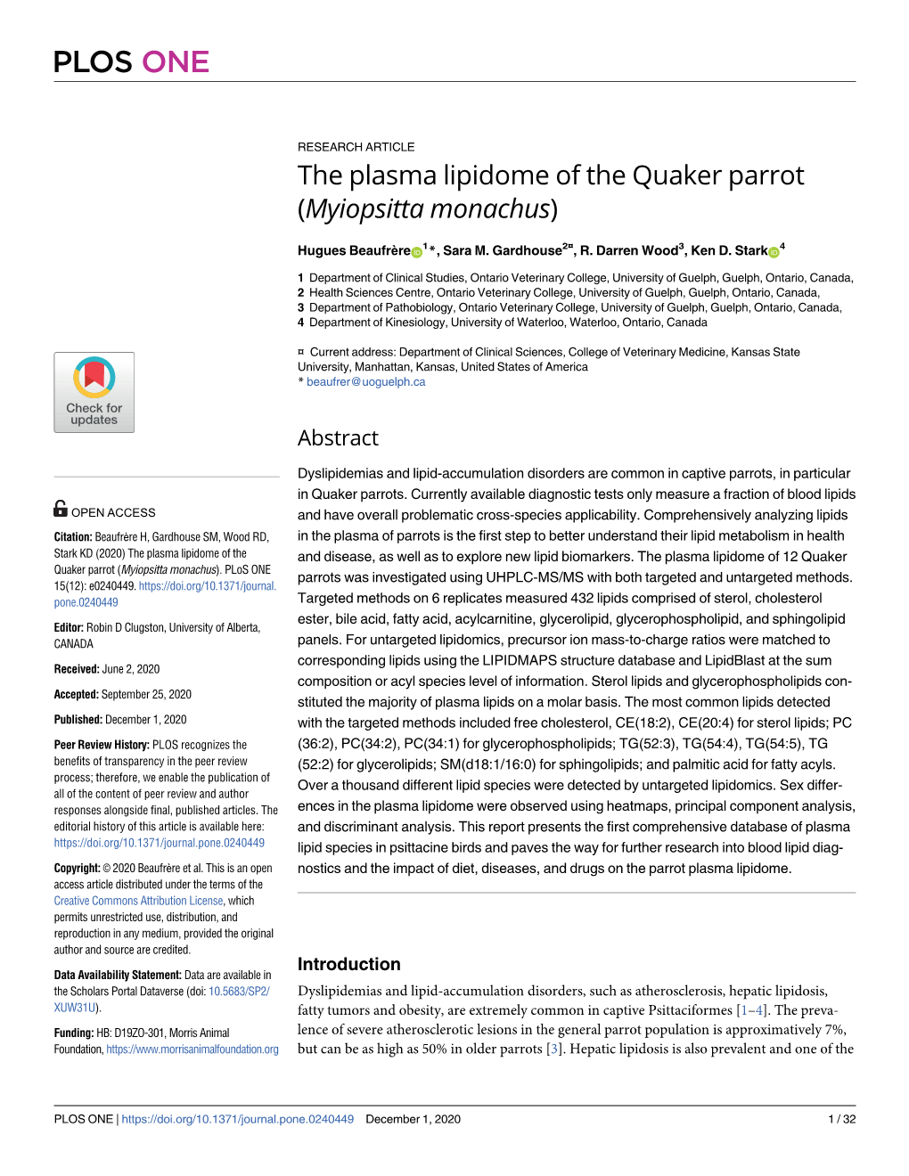 The Plasma Lipidome of the Quaker Parrot (Myiopsitta Monachus)