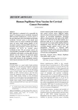Human Papilloma Virus Vaccine for Cervical Cancer Prevention