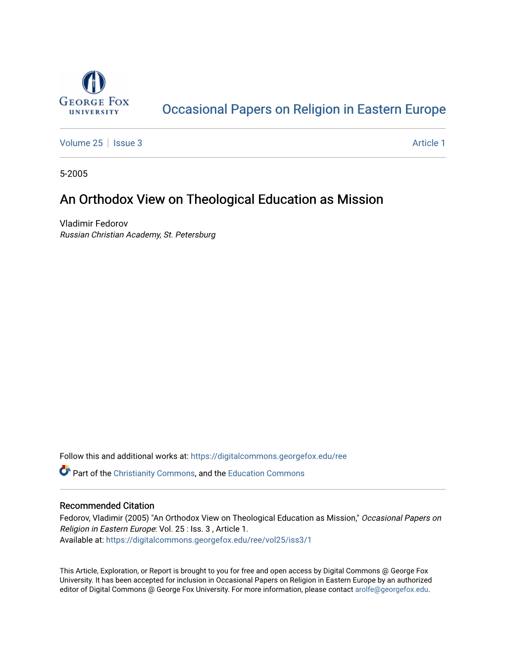 An Orthodox View on Theological Education As Mission