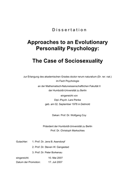 Approaches to an Evolutionary Personality Psychology: the Case of Sociosexuality