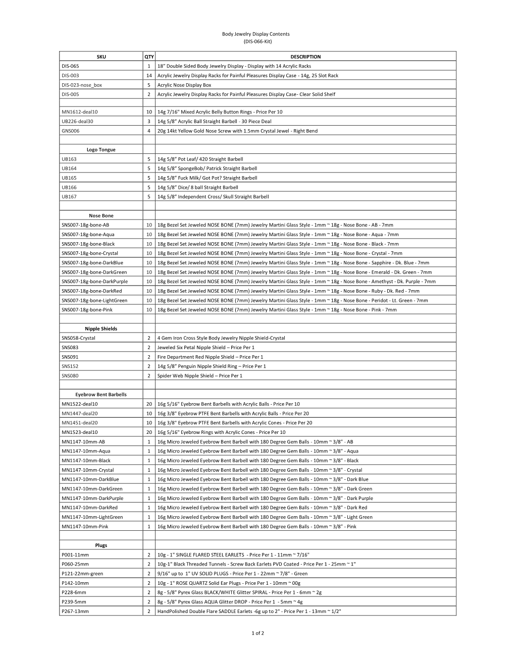 Body Jewelry Display Contents (DIS-066-Kit)