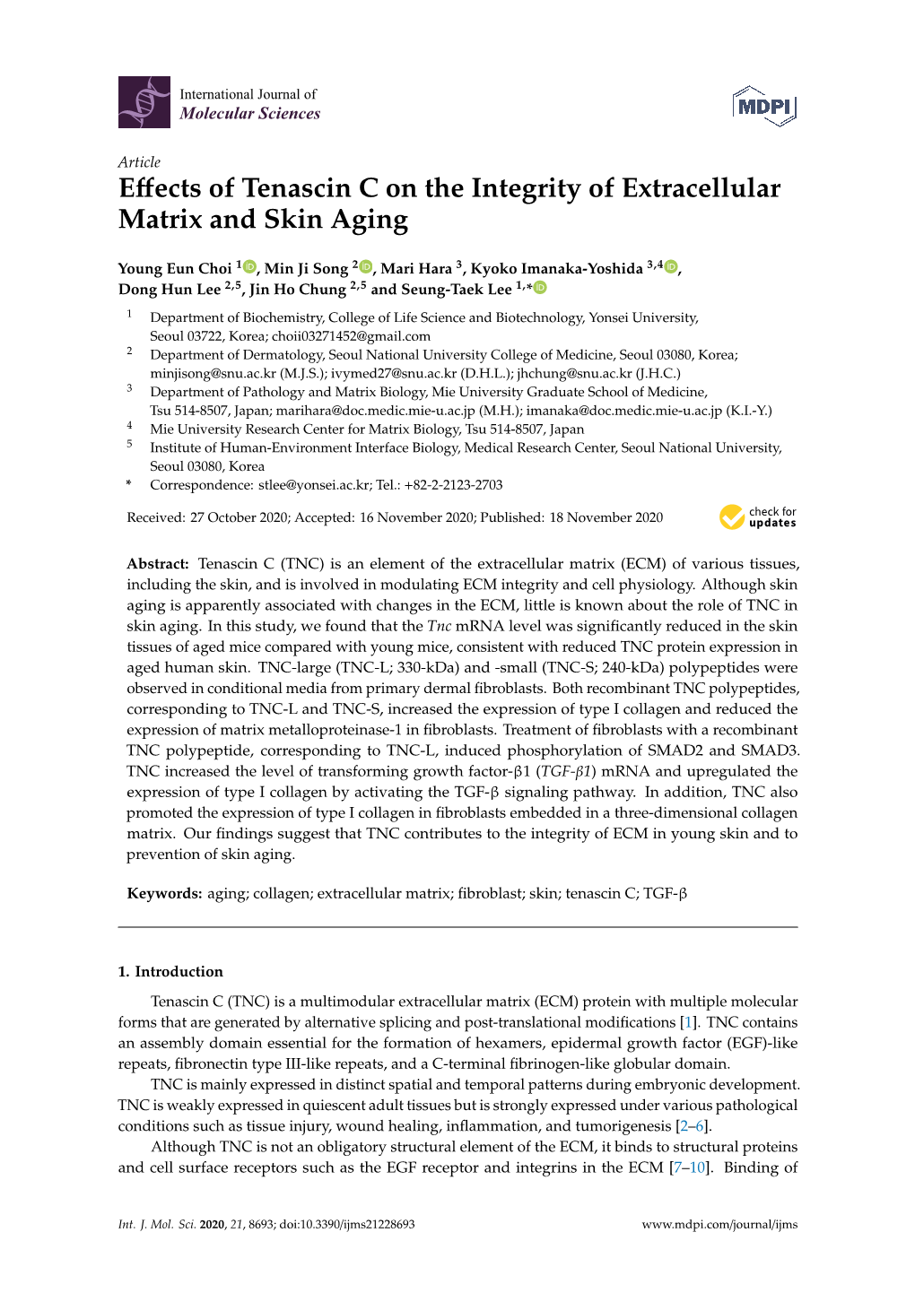 Effects of Tenascin C on the Integrity of Extracellular Matrix and Skin Aging