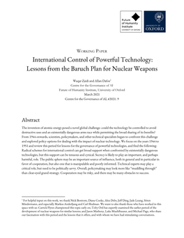 International Control of Powerful Technology: Lessons from the Baruch Plan for Nuclear Weapons
