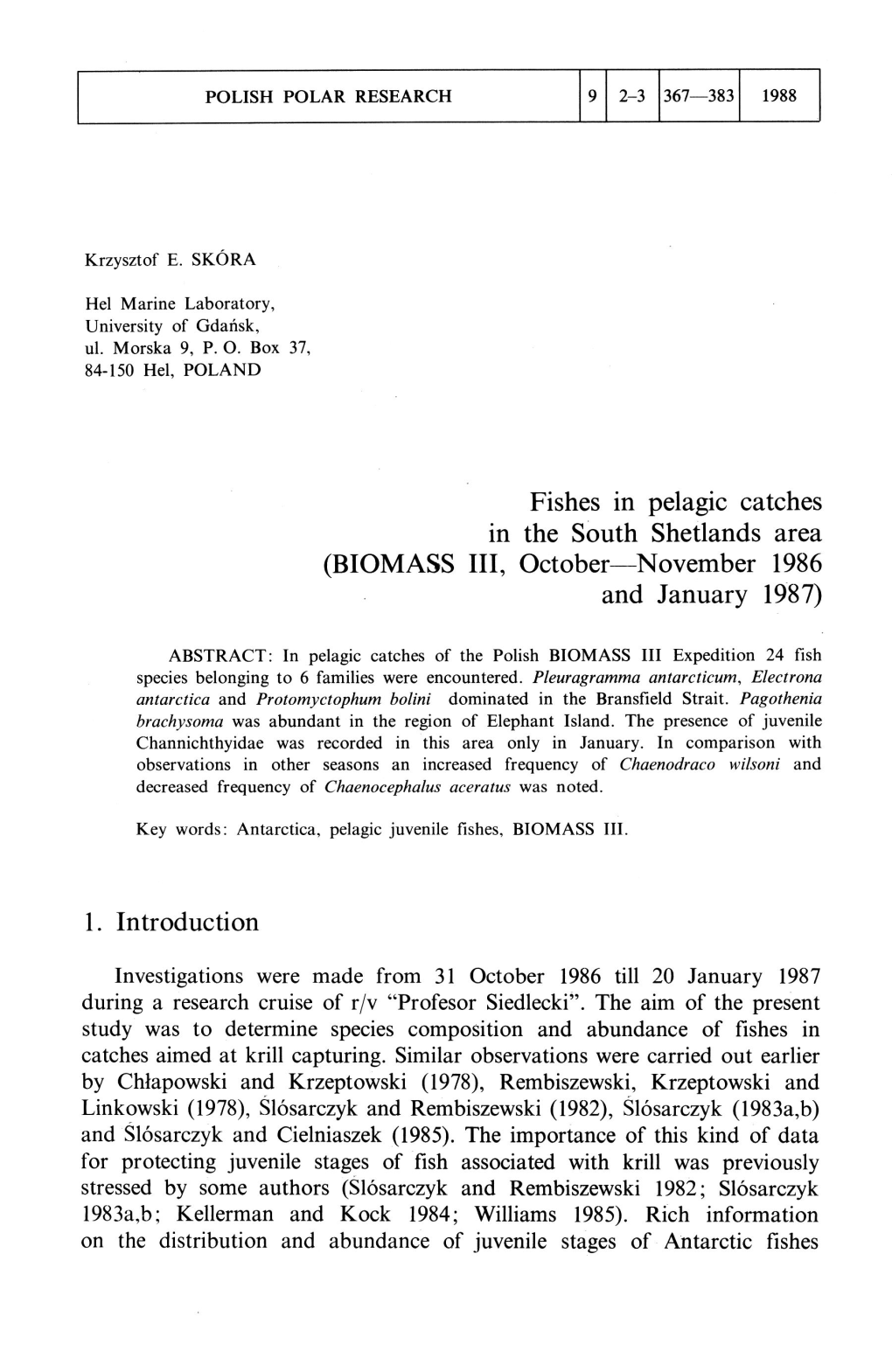 Fishes in Pelagic Catches in the South Shetlands Area (BIOMASS III, October—November 1986 and January 1987)