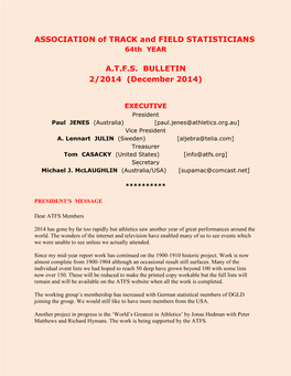 ASSOCIATION of TRACK and FIELD STATISTICIANS A.T.F.S. BULLETIN