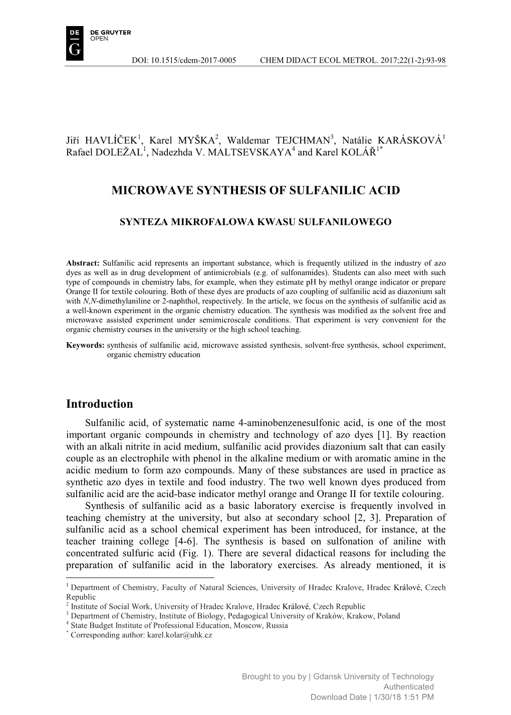 MICROWAVE SYNTHESIS of SULFANILIC ACID Introduction