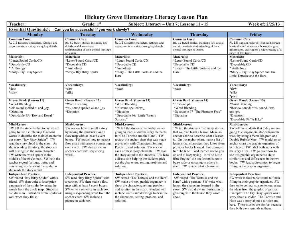 Hickory Grove Elementary Literacy Lesson Plan