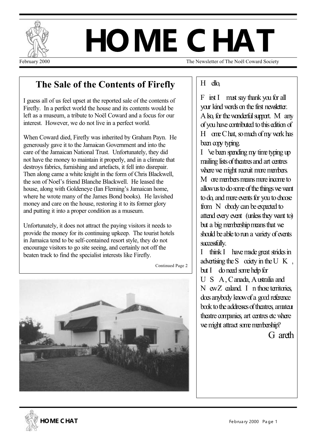 HOME CHAT February 2000 the Newsletter of the Noël Coward Society