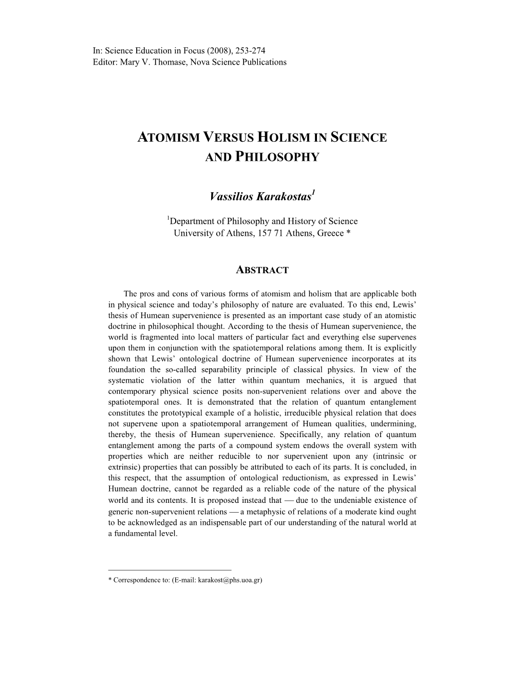 Atomism Versus Holism in Science and Philosophy