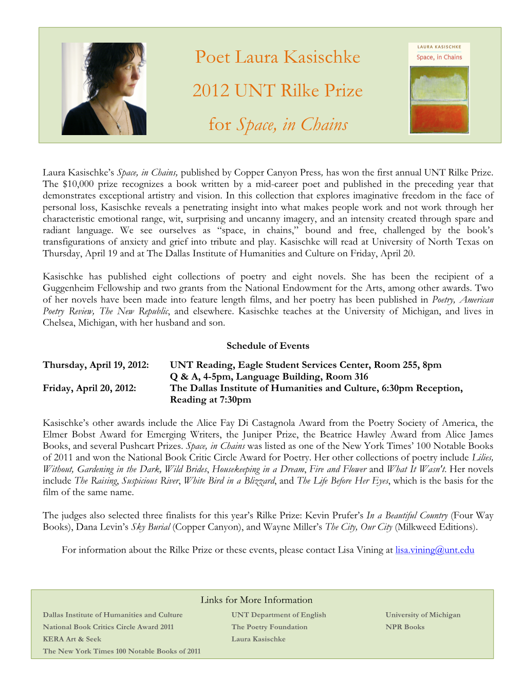 Poet Laura Kasischke 2012 UNT Rilke Prize for Space, in Chains