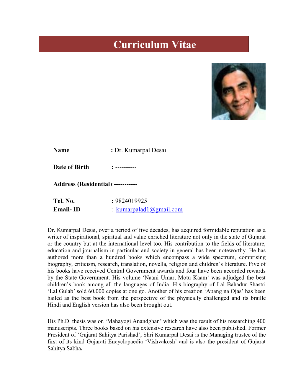 Curriculum Vitae of Dr. Kumarpal Desai.Pdf