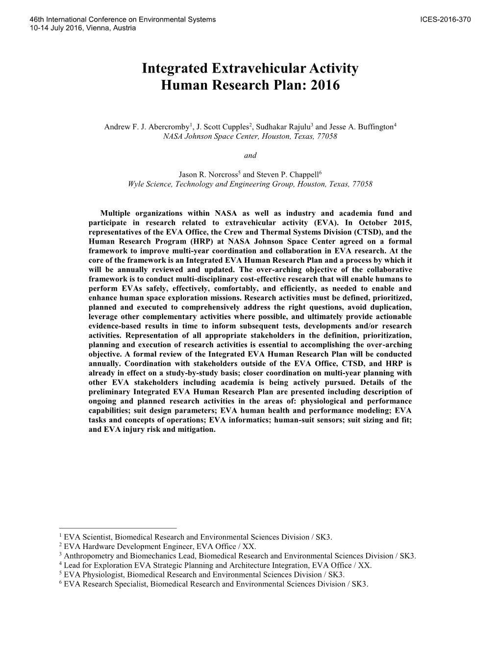 Integrated Extravehicular Activity Human Research Plan: 2016