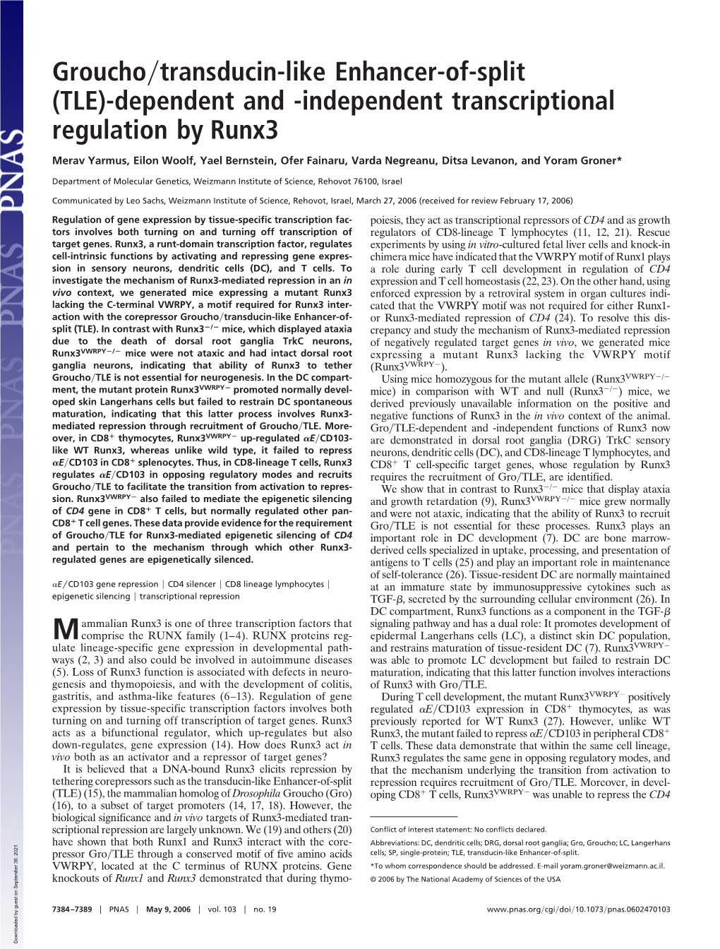 Independent Transcriptional Regulation by Runx3