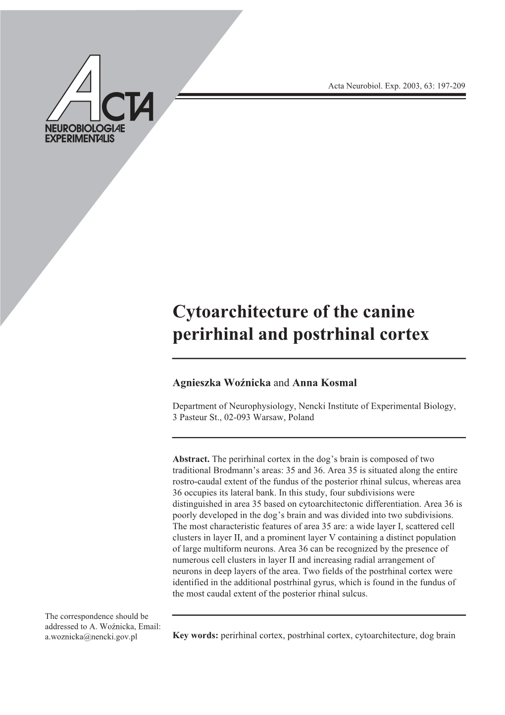 Cytoarchitecture of the Canine Perirhinal and Postrhinal Cortex