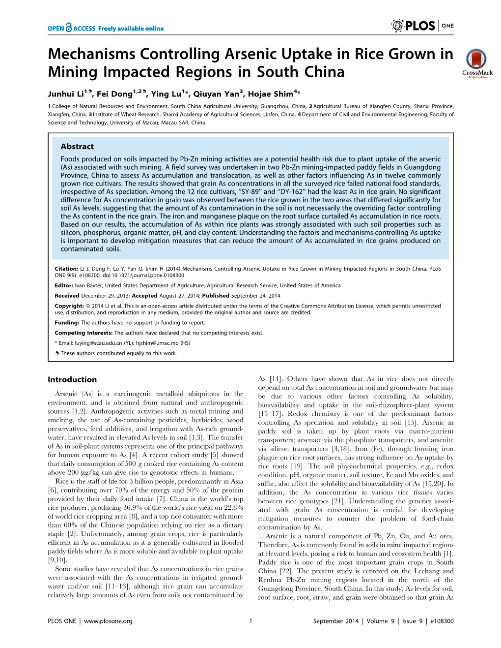 Mechanisms Controlling Arsenic Uptake in Rice Grown in Mining Impacted Regions in South China