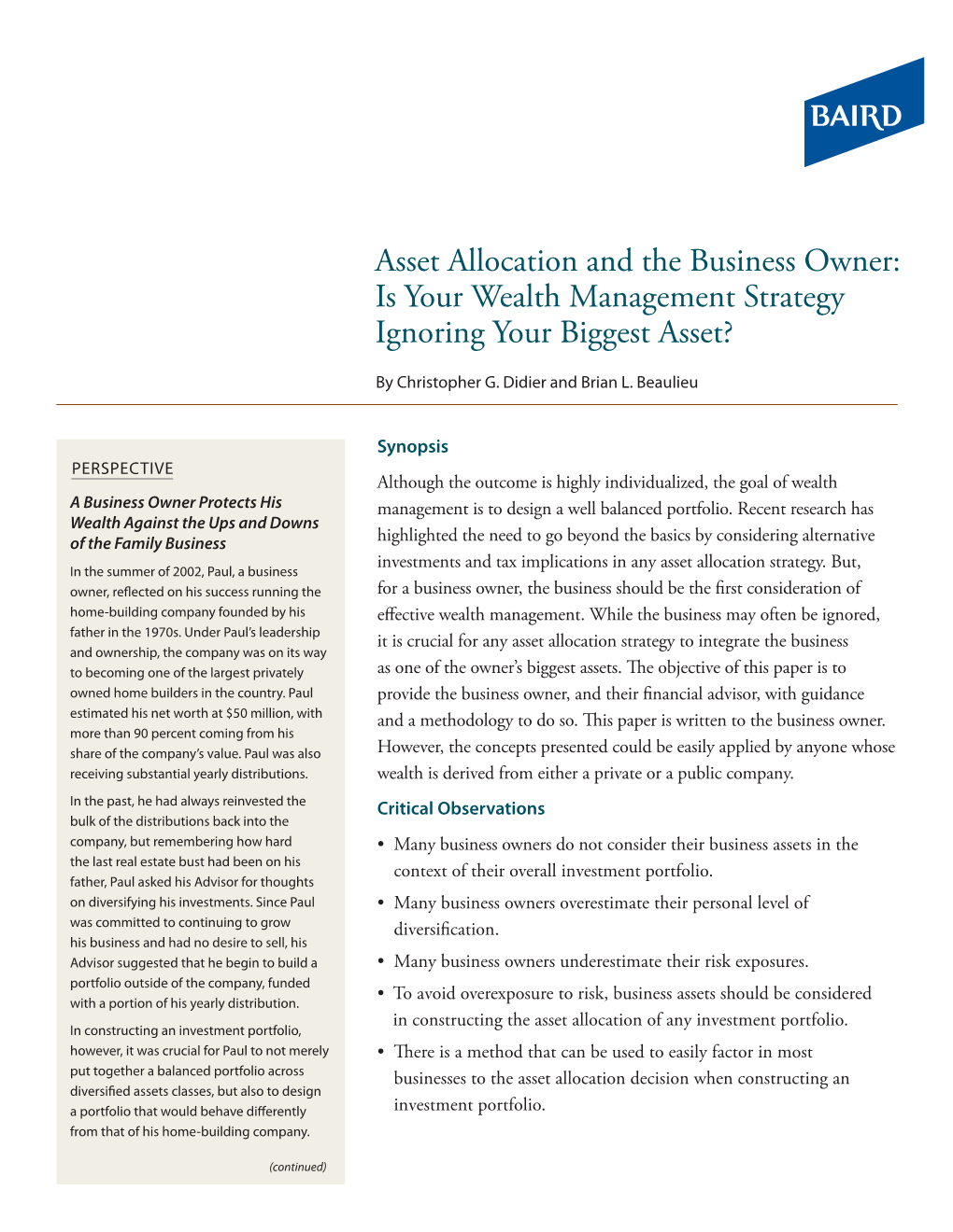 Asset Allocation and the Business Owner: Is Your Wealth Management Strategy Ignoring Your Biggest Asset?