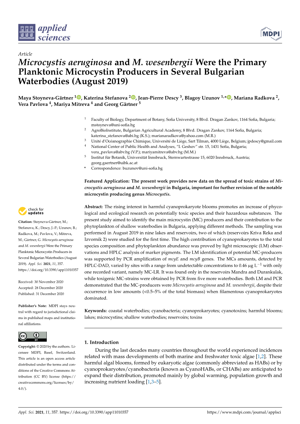 Microcystis Aeruginosa and M. Wesenbergii Were the Primary Planktonic Microcystin Producers in Several Bulgarian Waterbodies (August 2019)