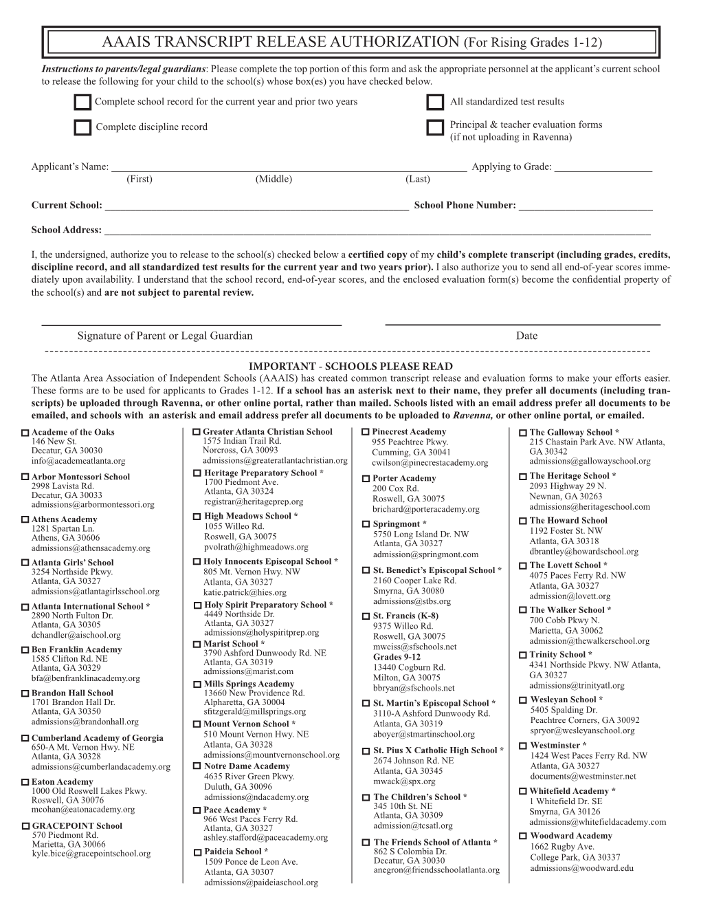 AAAIS TRANSCRIPT RELEASE AUTHORIZATION (For Rising Grades 1-12)