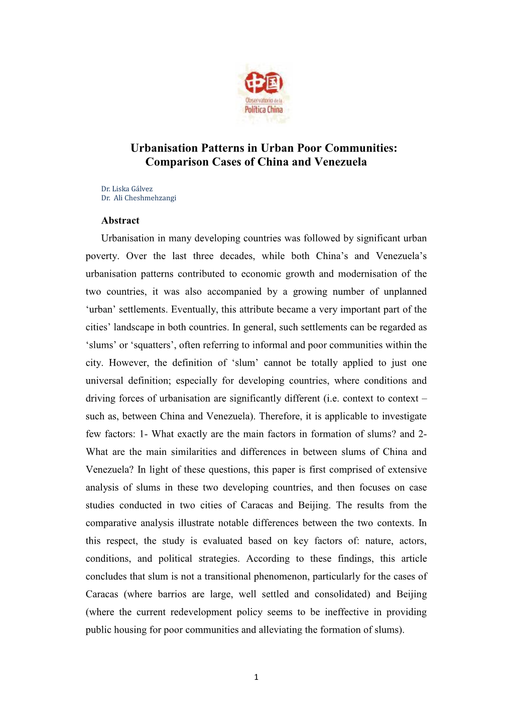 Urbanisation Patterns in Urban Poor Communities: Comparison Cases of China and Venezuela