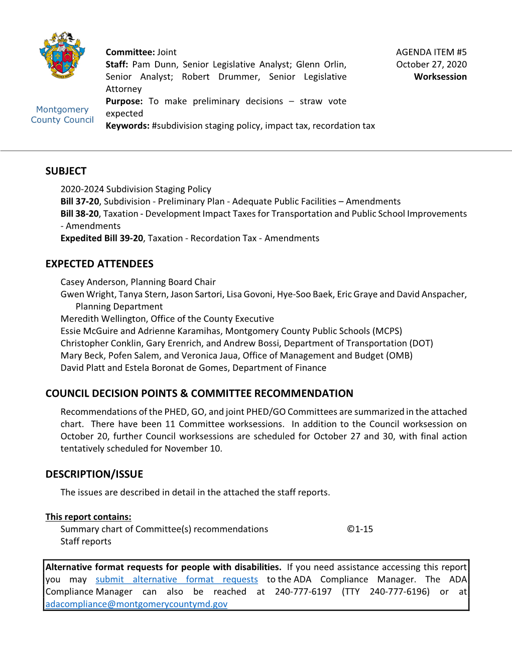 Subject Expected Attendees Council Decision Points