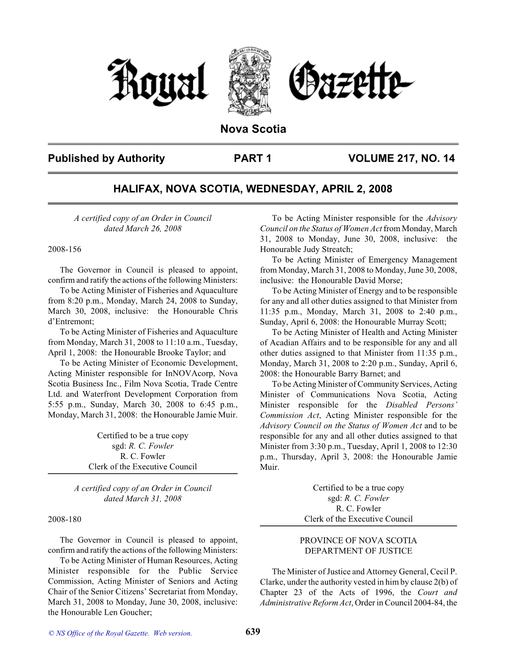 NS Royal Gazette Part I