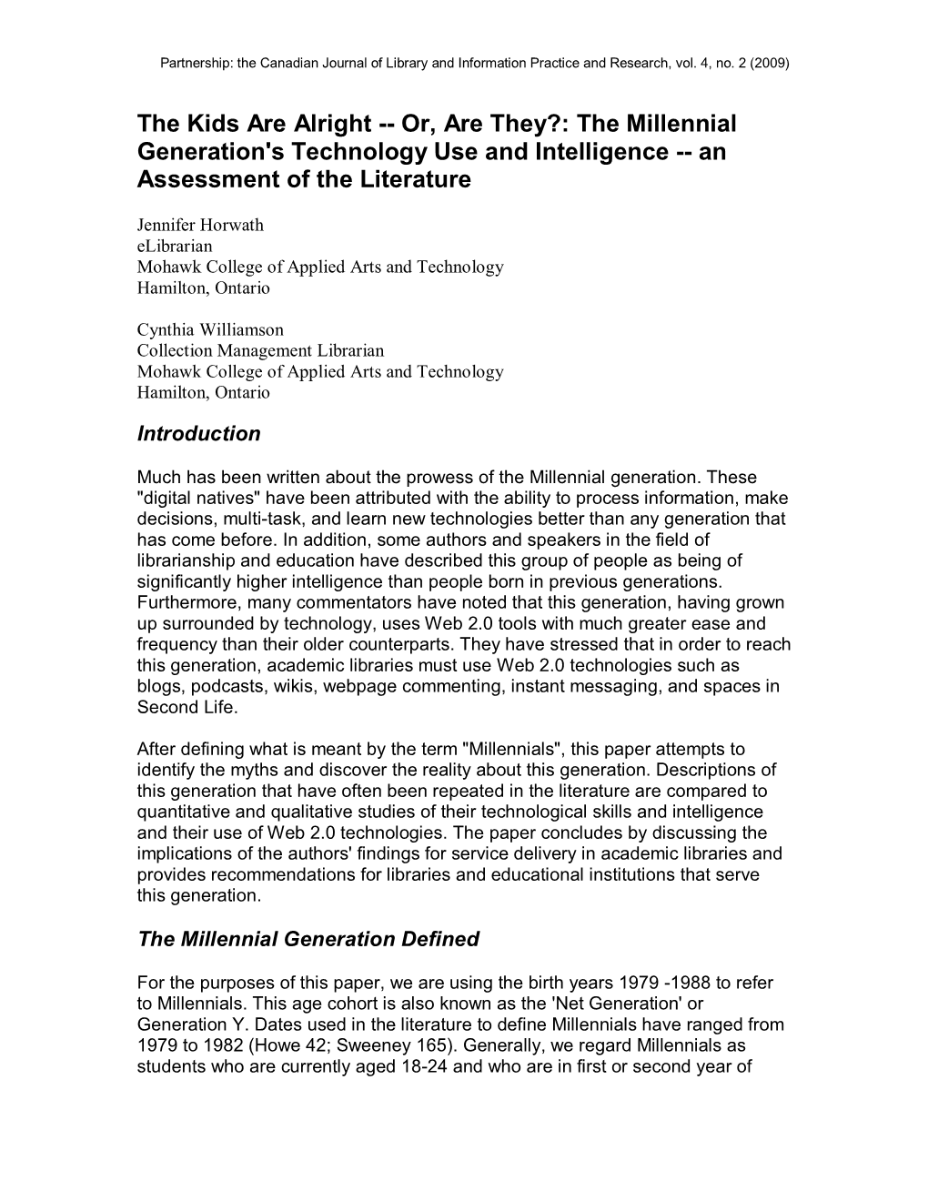 The Millennial Generation's Technology Use and Intelligence -- an Assessment of the Literature