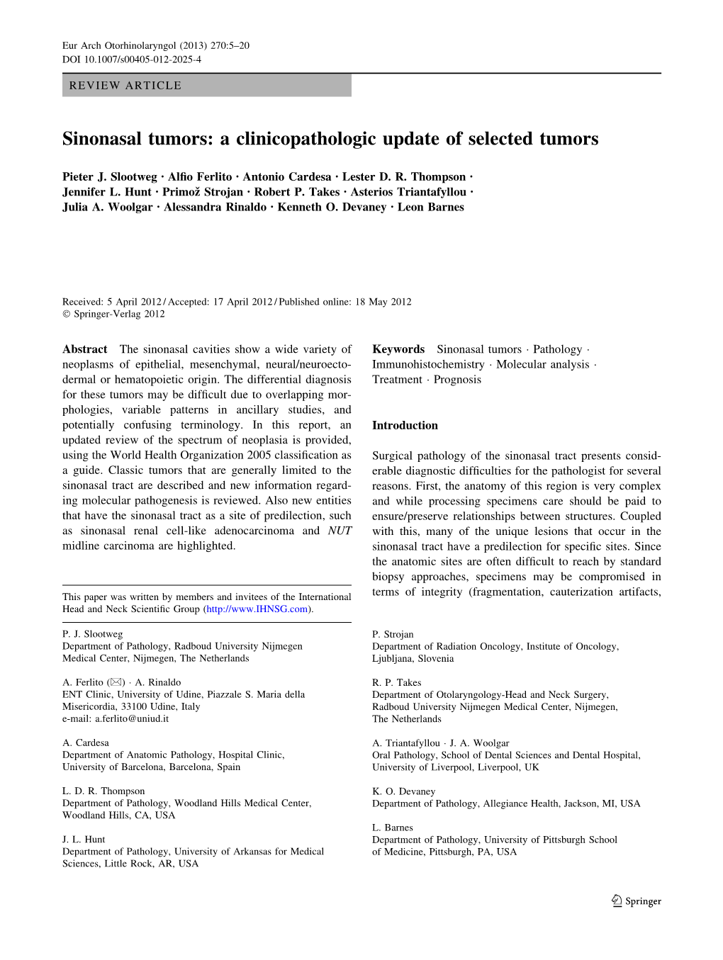 Sinonasal Tumors: a Clinicopathologic Update of Selected Tumors