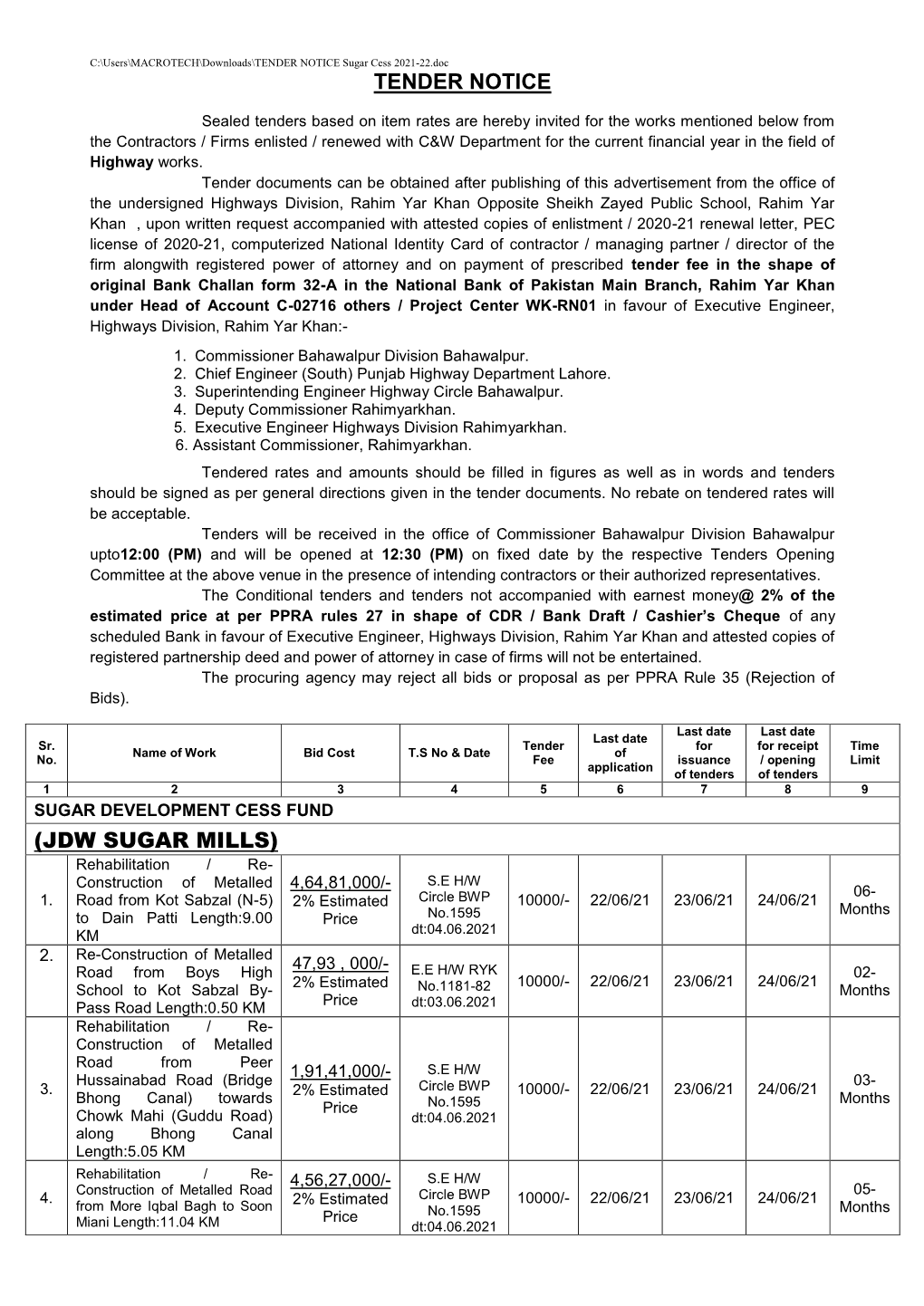 Tender Notice (Jdw Sugar Mills)