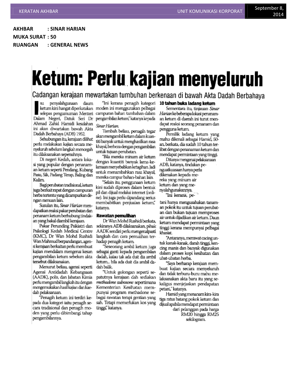 Keratan Akhbar Unit Komunikasi Korporat 2014