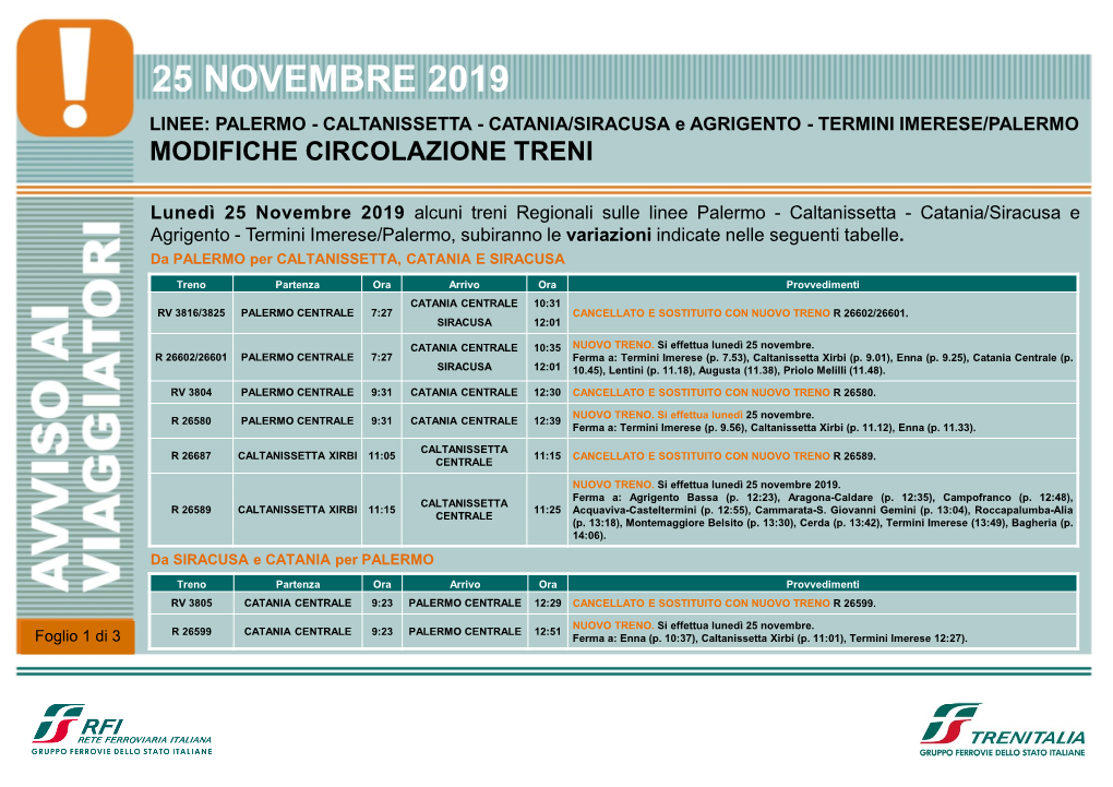 25 NOVEMBRE 2019 LINEE: PALERMO - CALTANISSETTA - CATANIA/SIRACUSA E AGRIGENTO - TERMINI IMERESE/PALERMO MODIFICHE CIRCOLAZIONE TRENI