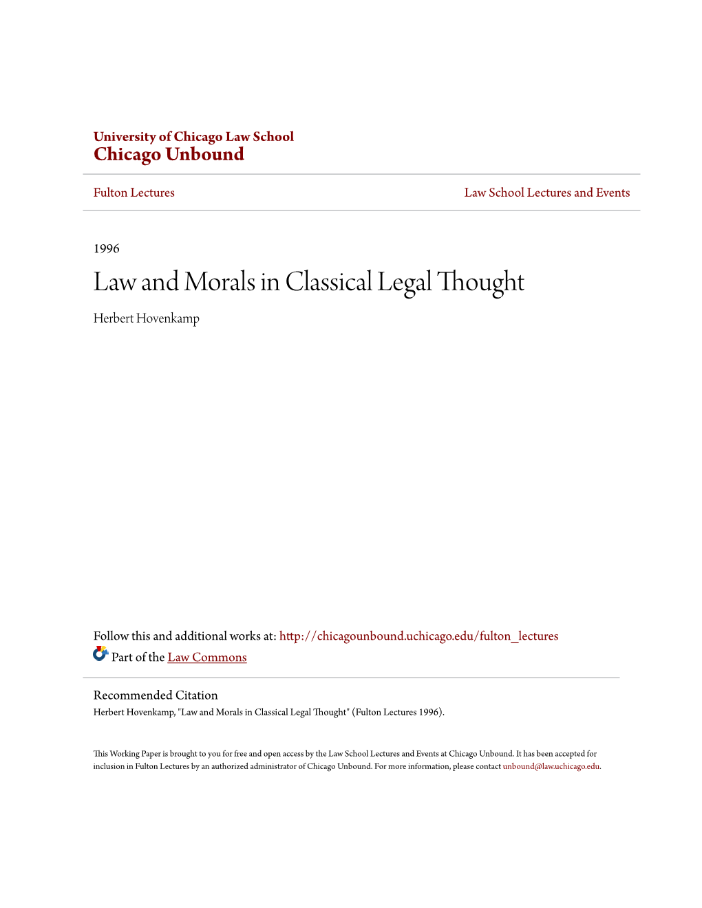 Law and Morals in Classical Legal Thought Herbert Hovenkamp