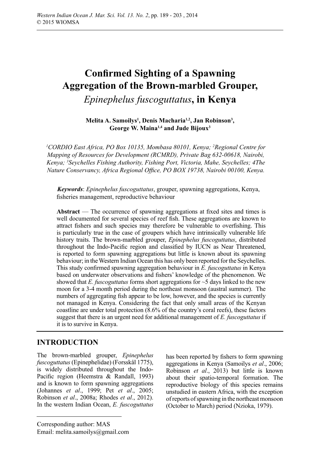 Confirmed Sighting of a Spawning Aggregation of the Brown-Marbled Grouper, Epinephelus Fuscoguttatus, in Kenya