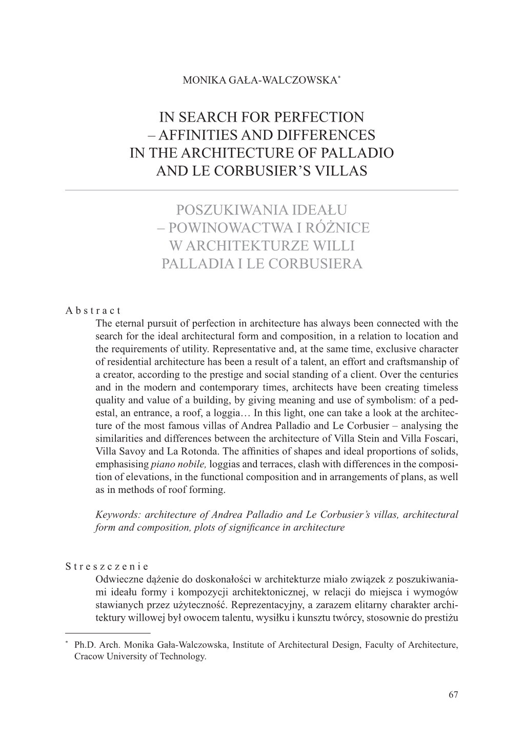 Affinities and Differences in the Architecture of Palladio and Le Corbusier’S Villas