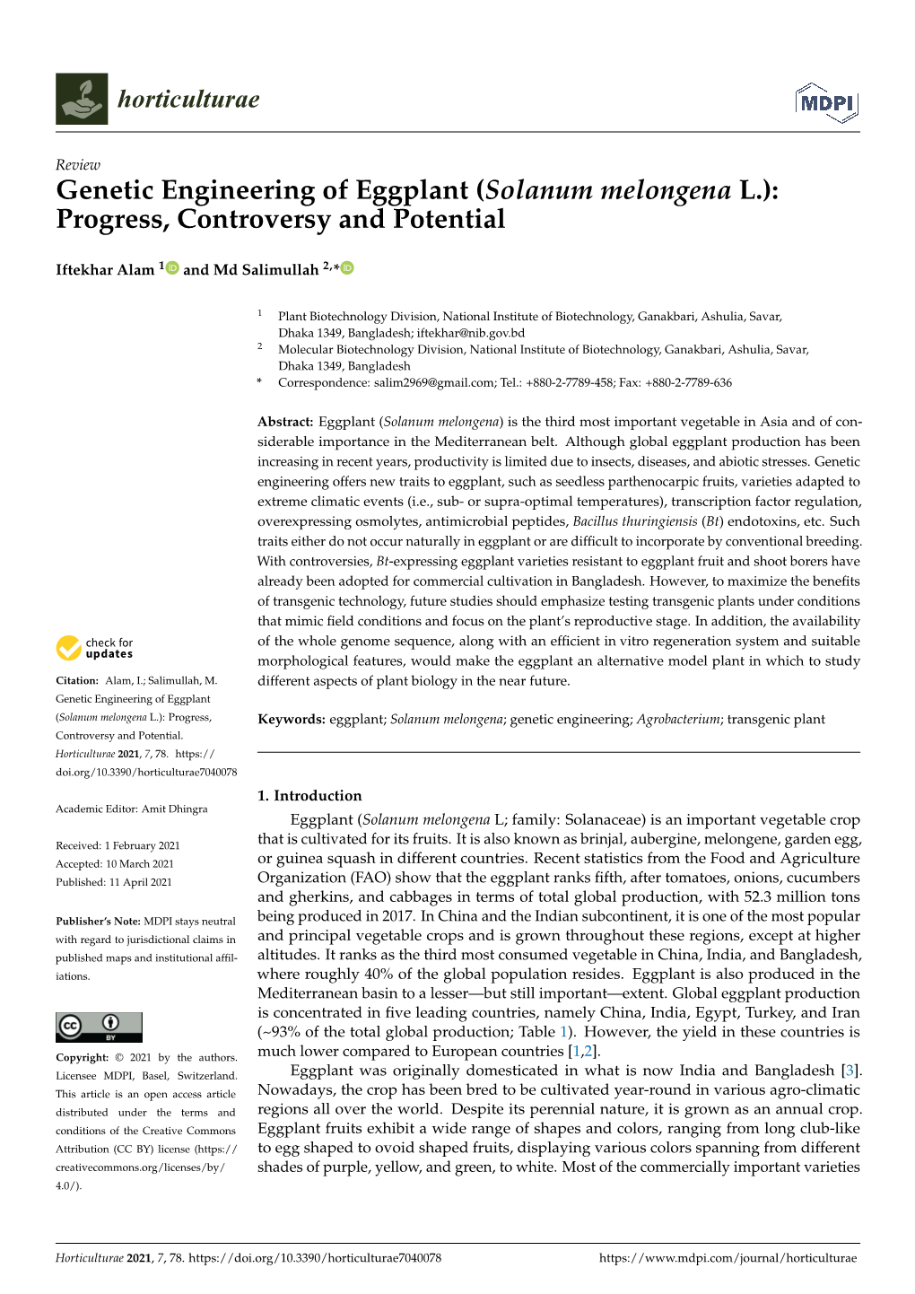 Genetic Engineering of Eggplant (Solanum Melongena L.): Progress, Controversy and Potential