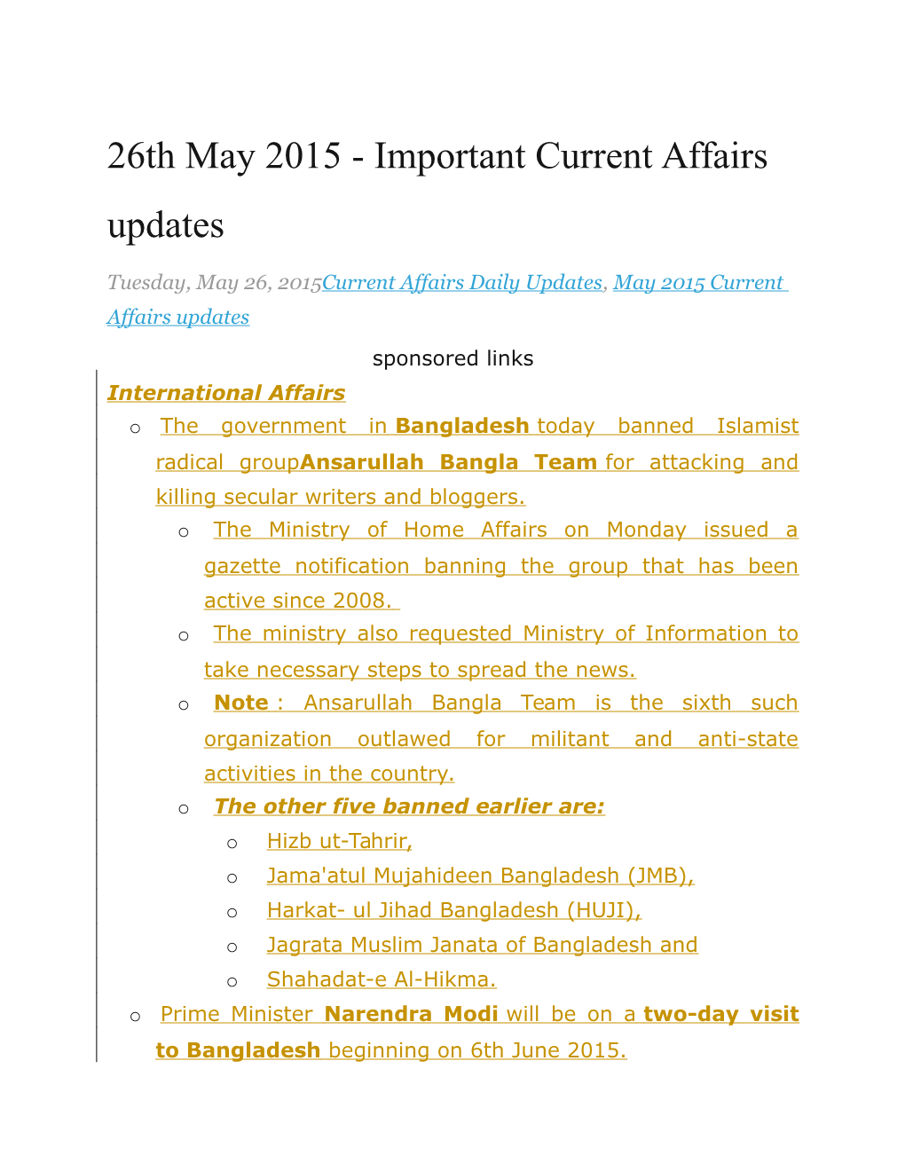 26Th May 2015 - Important Current Affairs Updates