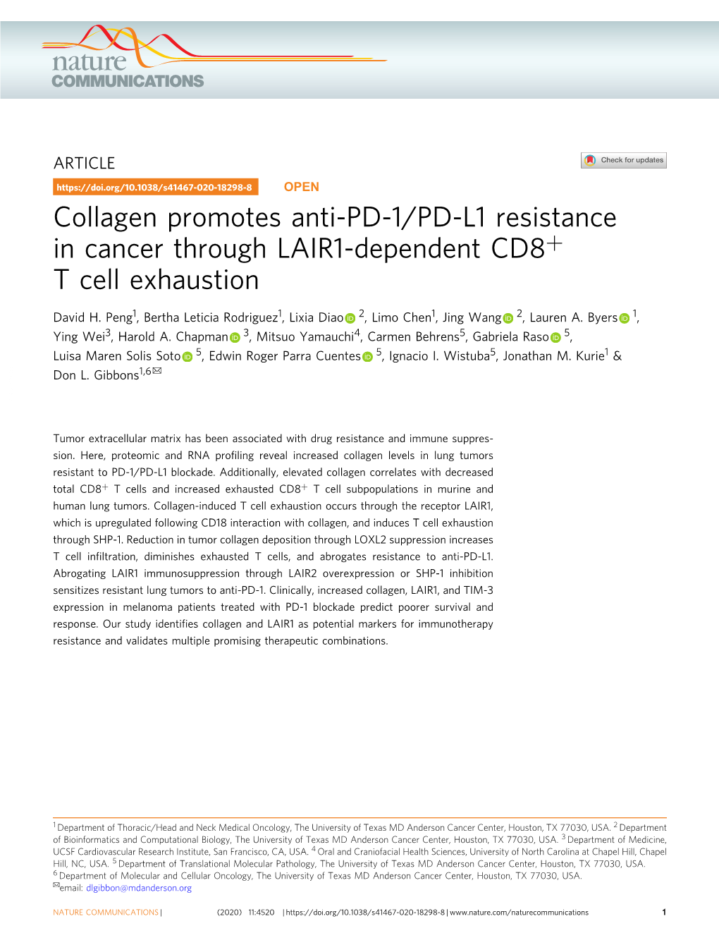 Collagen Promotes Anti-PD-1/PD-L1 Resistance in Cancer Through LAIR1-Dependent CD8+ T Cell Exhaustion