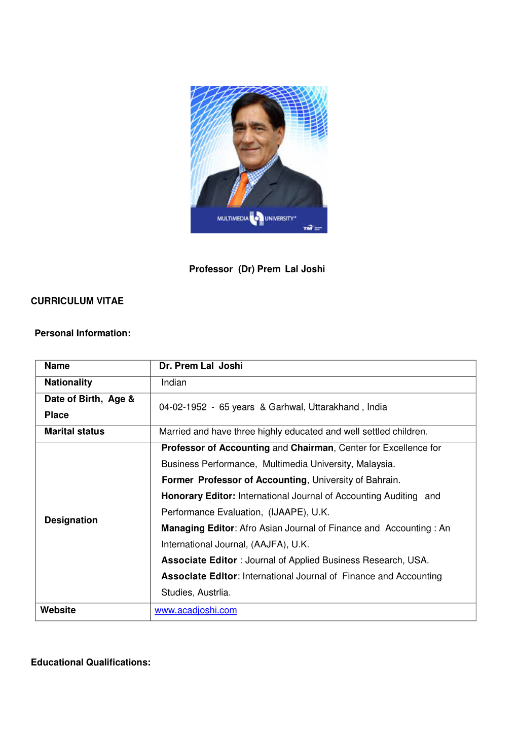 Professor (Dr) Prem Lal Joshi CURRICULUM VITAE Personal