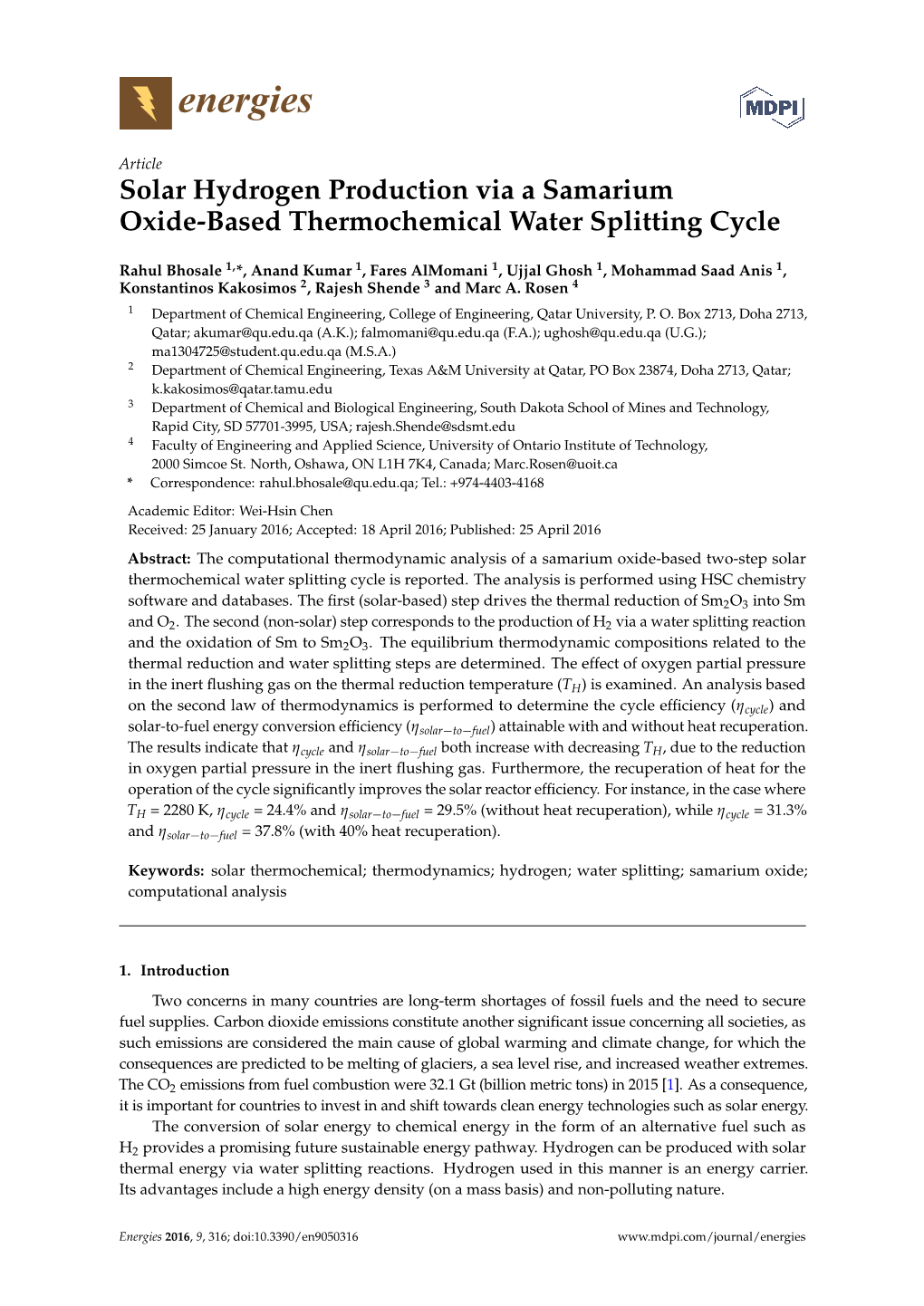 Solar Hydrogen Production Via a Samarium Oxide-Based Thermochemical Water Splitting Cycle