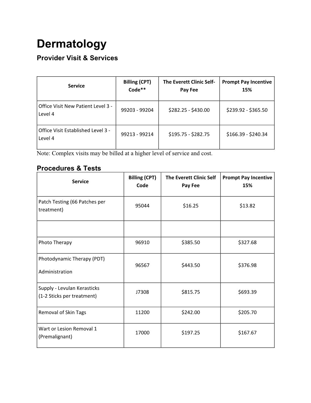 Dermatology Price Sheet