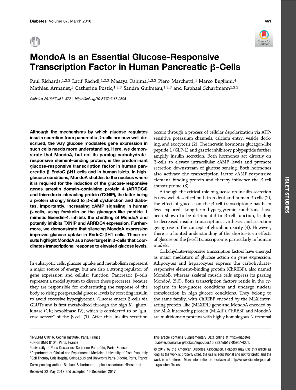 Mondoa Is an Essential Glucose-Responsive Transcription Factor in Human Pancreatic B-Cells